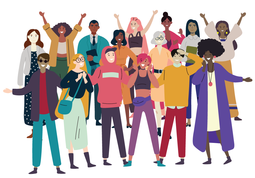 Illustration of a large group of racially and gender-diverse welcoming and happy people wearing warm bright colors, many with arms outstretched.