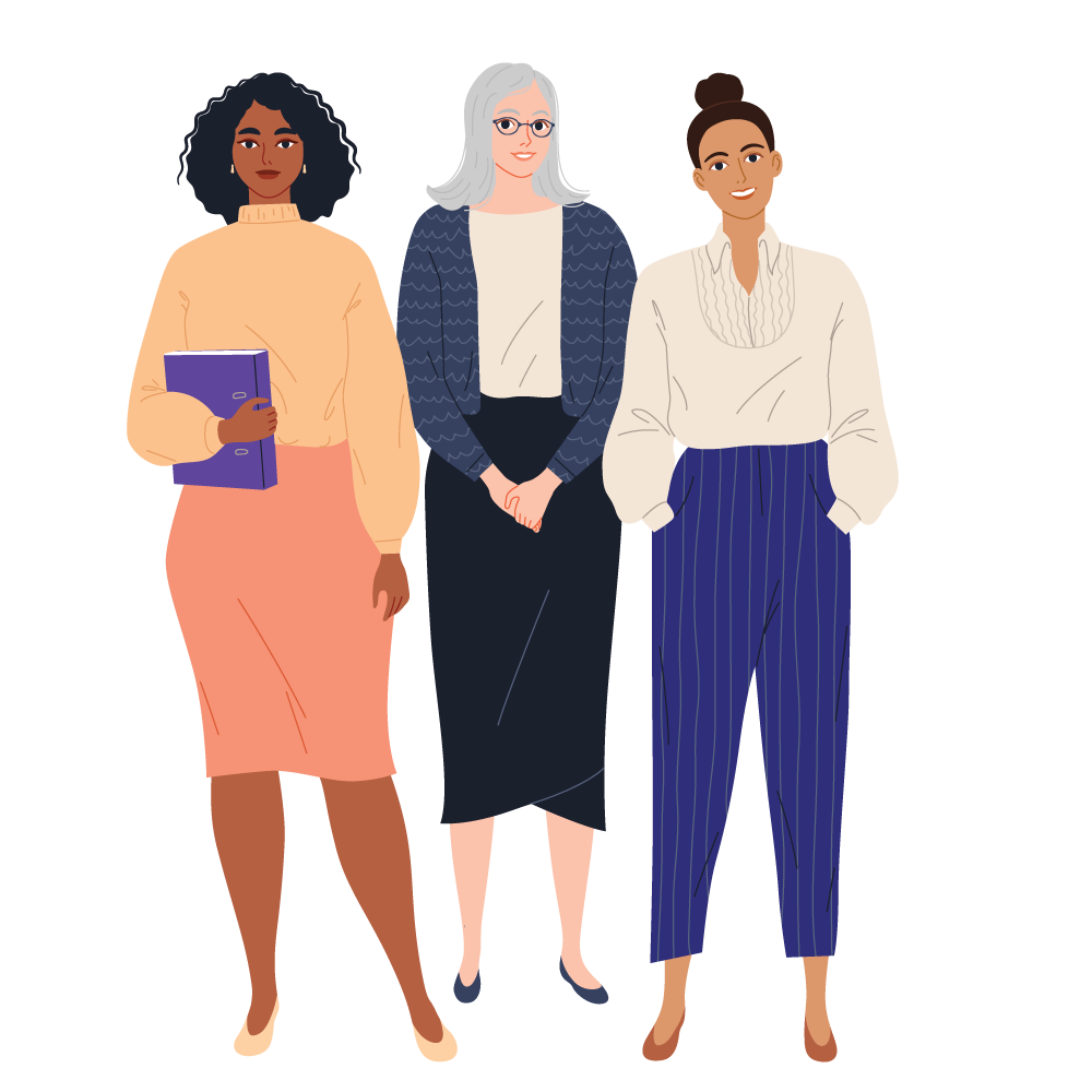 Three illustrated women of varying ages and skin tones. One holding a book. All three confidently smile.