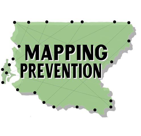 The mapping prevention logo features a green map of South King county including Vashon Island covered by a network of nodes.