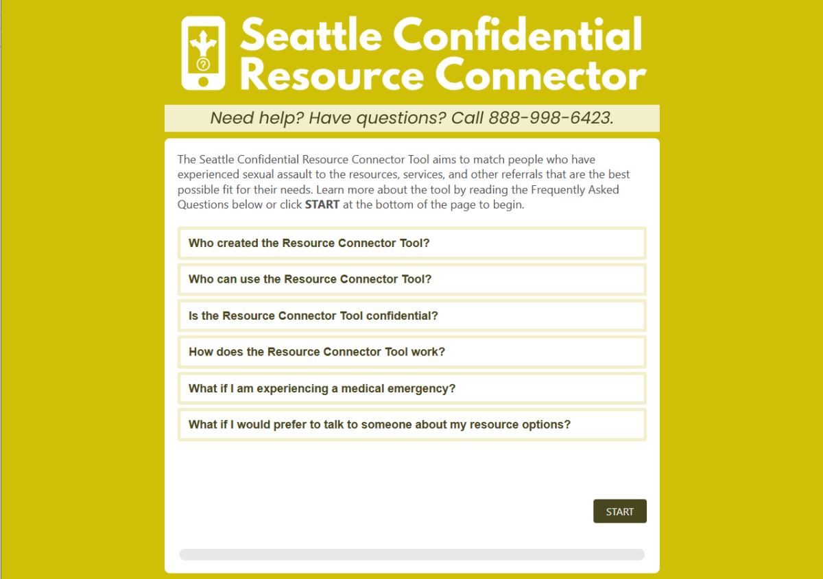 Screenshot showing the first page of the Seattle Confidential Resource Connector. A number of Frequently Asked Questions appear above a "start" button