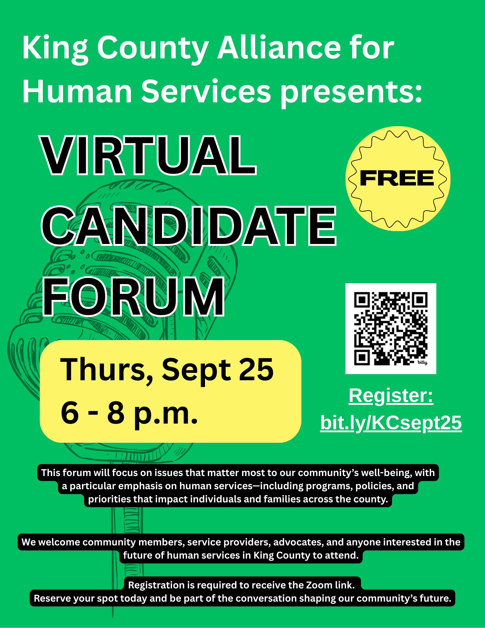a microphone with a green background and text that describes a virtual candidate forum