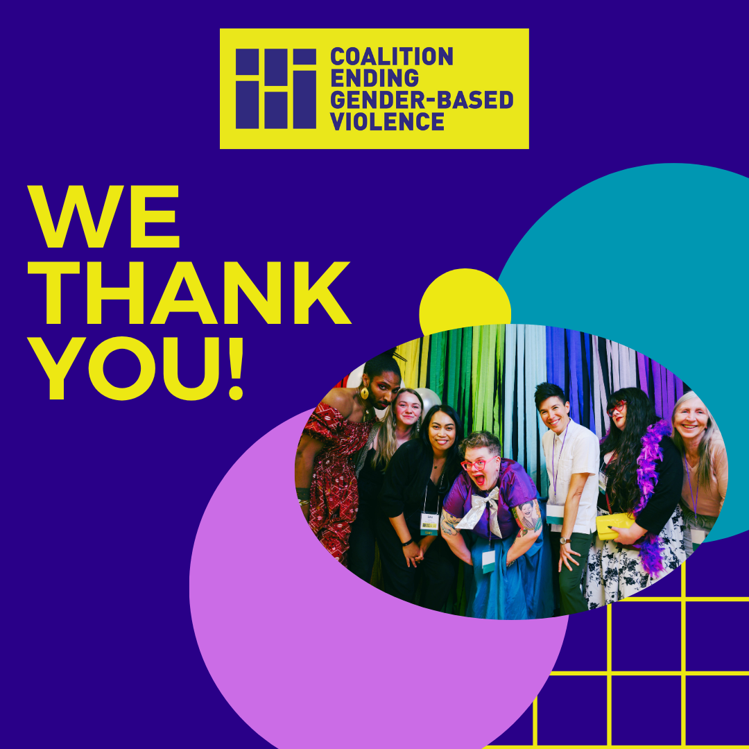 the staff of the Coalition pose and smile in front of a rainbow background with the text, "we thank you" above them.
