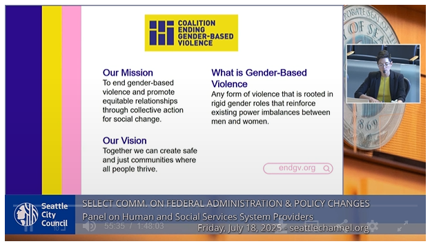 a screenshot of the mission and vision of the Coalition and a small picture of a CEGV staff member sharing remarks to the Seattle City Council.